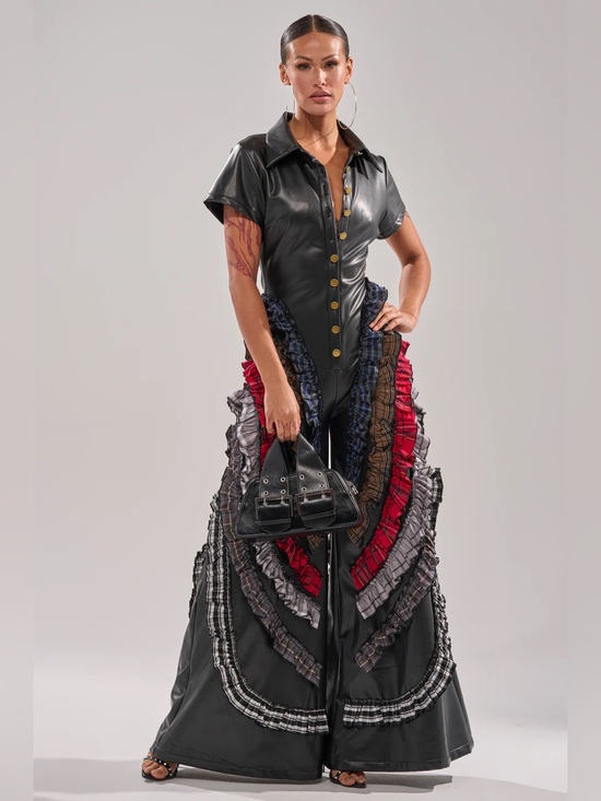 AKIRA Pants - Black Faux Leather Maxi Dress with Ruffle Panels